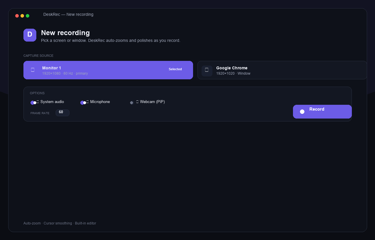 DeskRec new-recording screen